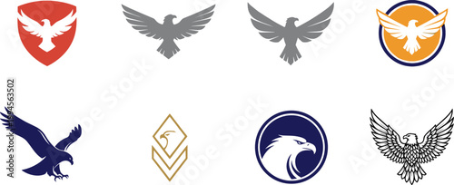 Eagle Logo Collection with Flying Bird Silhouettes, Emblems, Badges, and Heraldic Symbols for Branding, Sports Teams, Security Identity, and Vector Design Set