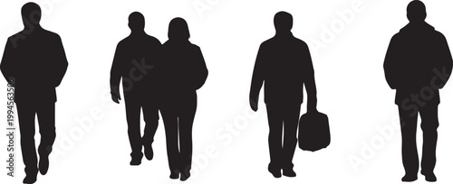 Black silhouettes of people walking and commuting, isolated on a white background for design.