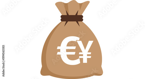 Illustration of a money bag with euro and yen symbols signifying global finances