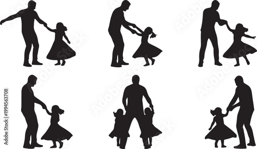 Silhouettes of fathers dancing and twirling with their daughters, capturing joyful moments.