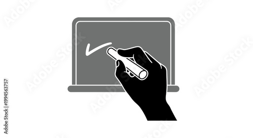 Chalkboard with hand drawing a checkmark, illustrating a concept of completion or approval