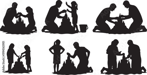 Silhouettes of families building sandcastles together at the beach, playing with buckets.