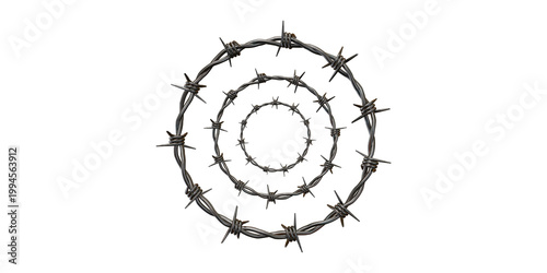 Fotografie Concentric circles of barbed wire forming a spiral pattern on transparent backgr