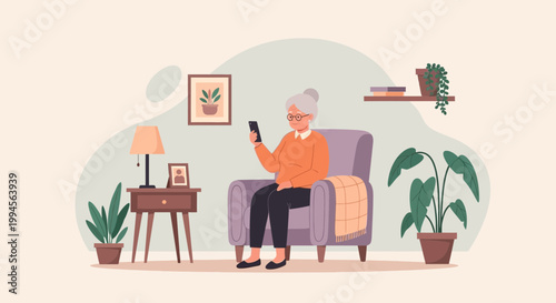 Senior Woman Using Smartphone in Cozy Living Room Illustration
