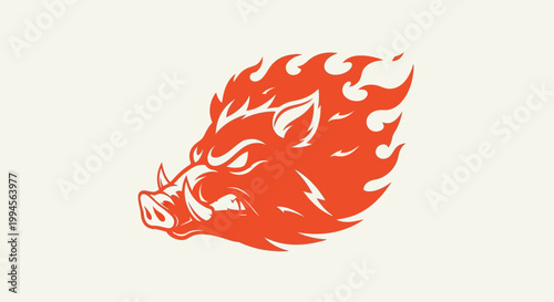 Angry wild boar head mascot with orange flame mane