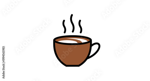 Steaming coffee cup icon against a clean white backdrop, simple and effective illustration
