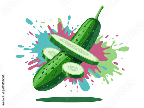 Fresh cucumbers with colorful splash background