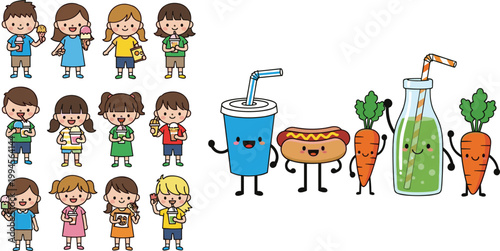 Cute Cartoon Children with Ice Cream, Drinks, Hot Dog, and Healthy Carrot Juice in Playful Style