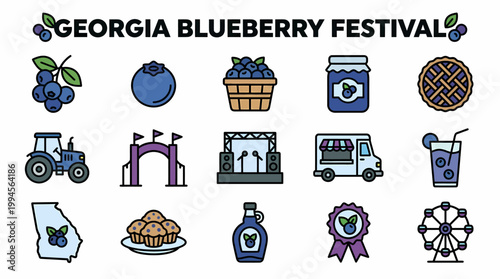 Georgia Blueberry Festival Icons: Blueberries, Pie, Tractor, Ferris Wheel