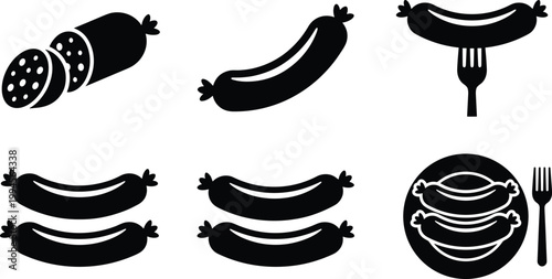 Quadro su tela Sliced sausage silhouette, curved sausage icon, sausage on fork, two sausages ve