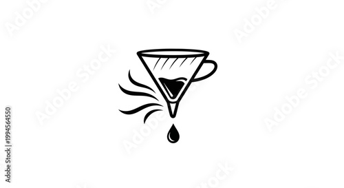 Liquid filtering through funnel with drop falling, graphic icon, isolated on white