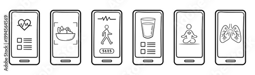 Hand-Drawn Health & Wellness App Icons Set – Fitness, Heart Rate, Hydration, Meditation, Food Scanner UI Screens