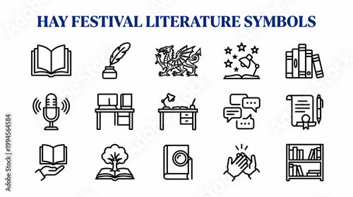 Hay Festival Literature Symbols: Books, Writing, Reading, Dragon, Podcast