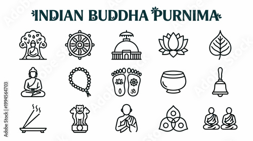 Indian Buddha Purnima Icons: Buddha, Lotus, Dharma Wheel, Stupa