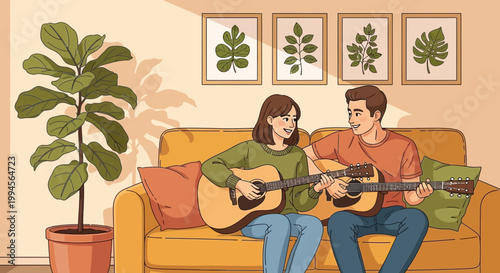 Couple Playing Acoustic Guitars on Sofa Illustration