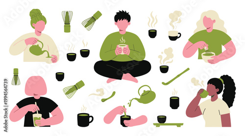 Diverse people enjoying traditional matcha tea ceremony preparation and drinking in a modern flat illustration style
