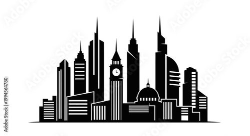 Modern Cityscape Silhouette with Big Ben Icon