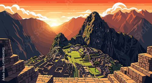 Machu Picchu Sunset Illustration over Ancient Inca Ruins in Peru