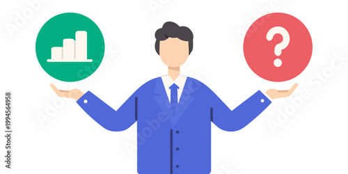 Man contemplates a decision between data analysis and uncertainty