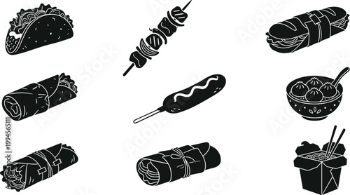 Taco silhouette, skewer icon, sandwich wrap, burrito illustration, corn dog symbol, dumpling bowl, noodle takeout box, street food vector design