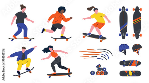 Diverse group of people skateboarding and longboarding enjoying outdoor recreational activity lifestyle