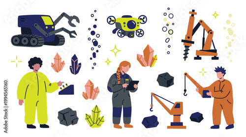 Mining industry exploration team with advanced equipment and mineral samples for geological research and resource extraction