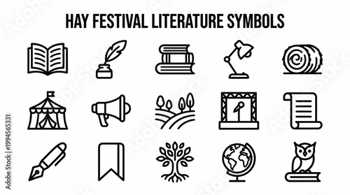 Literature Festival Symbols Icons: Books, Owl, Globe, Writing