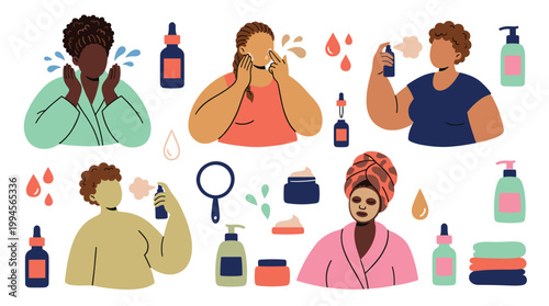 Diverse women performing skincare routines with serums creams and sprays for healthy glowing skin