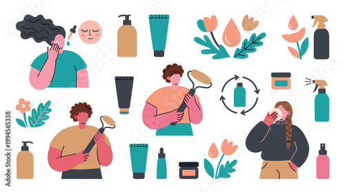 Skincare routine illustration with people applying beauty products and facial rollers for self care and wellness