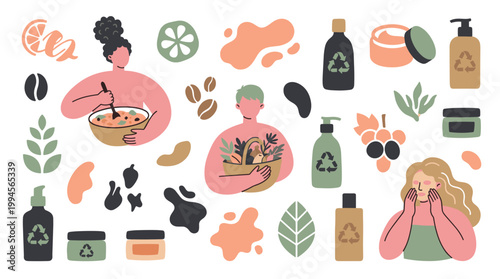 Natural organic skincare and beauty products with people and ingredients for healthy skin care