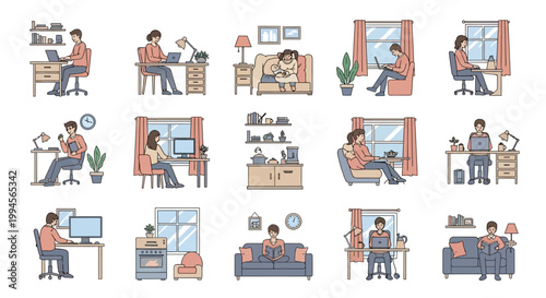 People Working and Relaxing at Home Illustration Set