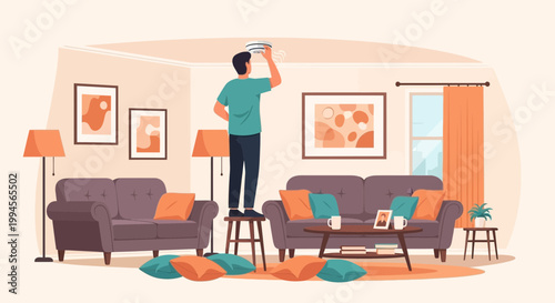 Man on Stool Checking Fire Alarm in Home Interior