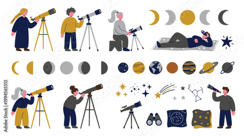 Astronomy enthusiasts observing celestial bodies with telescopes, stars, planets, and moon phases illustration