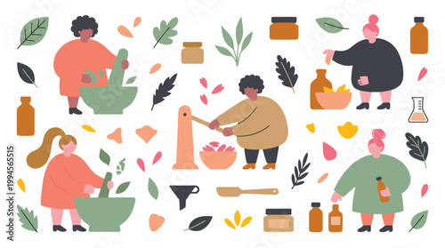 Herbalists preparing natural remedies in a cozy home setting with botanical elements and glass bottles