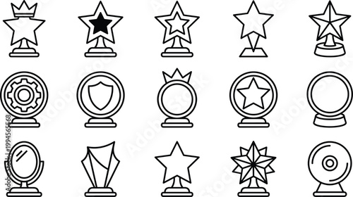 Trophy icons, award symbols, achievement vector set, prize silhouette collection, success recognition, star crown gear shield, victory celebration design