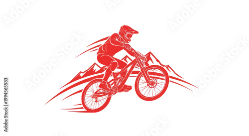 Mountain Biker Acrobatics Red Silhouette on Snowy Peaks Background