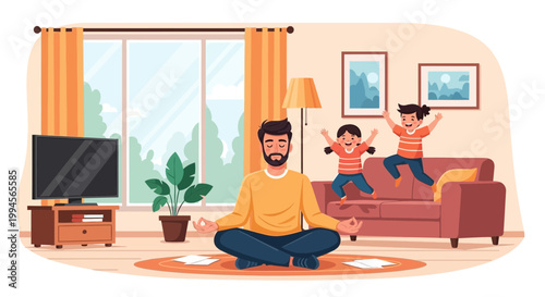 Father Meditating at Home While Kids Play in Living Room