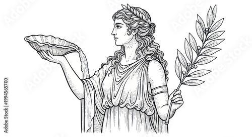 Ancient Greek goddess illustration with laurel wreath and offering bowl, vintage style