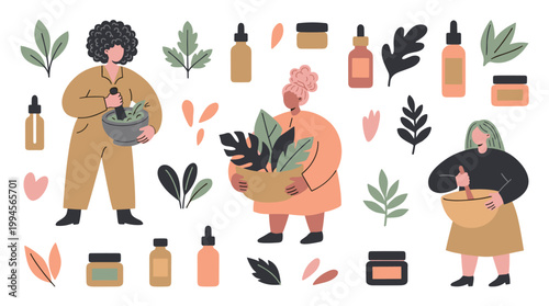 Diverse women crafting natural skincare and herbal remedies with fresh plants and botanical ingredients