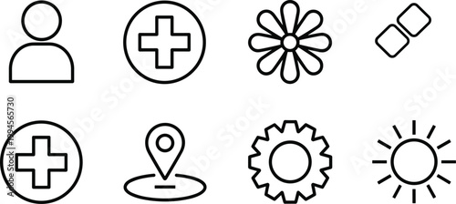User profile icon, medical cross symbol, flower silhouette design, overlapping rectangle graphic, location pin emblem, gear settings logo, sun brightness illustration