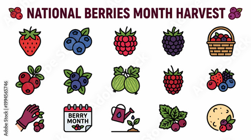 National Berries Month Harvest Icons - Strawberry, Blueberry, Raspberry