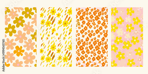 Four colorful floral patterns arranged vertically showcasing various styles