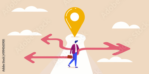 A businessman contemplates multiple directional paths symbolized by arrows