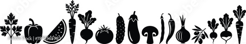 Vegetable silhouettes, fruit icons, healthy food vector, fresh produce illustration, black graphic design, organic nutrition art, farm harvest symbols, cooking set