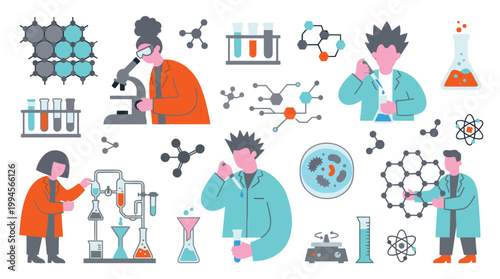 Diverse scientists conduct experiments in a modern laboratory with colorful molecular structures and scientific equipment