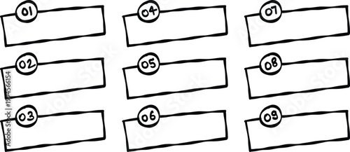 Simple lined boxes with numbered circles. Black outlines frame each rectangle clearly. Numbers one through six appear in circular badges