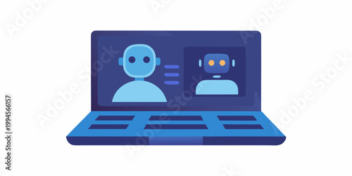 Blue laptop displaying a video call between two robotic faces