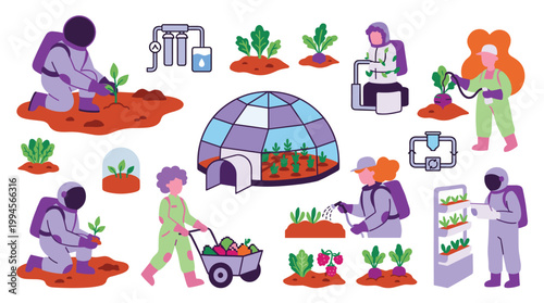 Astronauts cultivate plants in futuristic space greenhouse and vertical farms for sustainable extraterrestrial agriculture