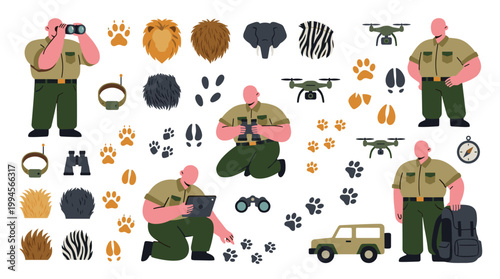 Wildlife conservationists observe animals and track footprints using binoculars drone and jeep for research and protection