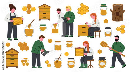 Beekeepers tending hives collecting honey in apiary with honeycomb jars and wooden equipment illustration